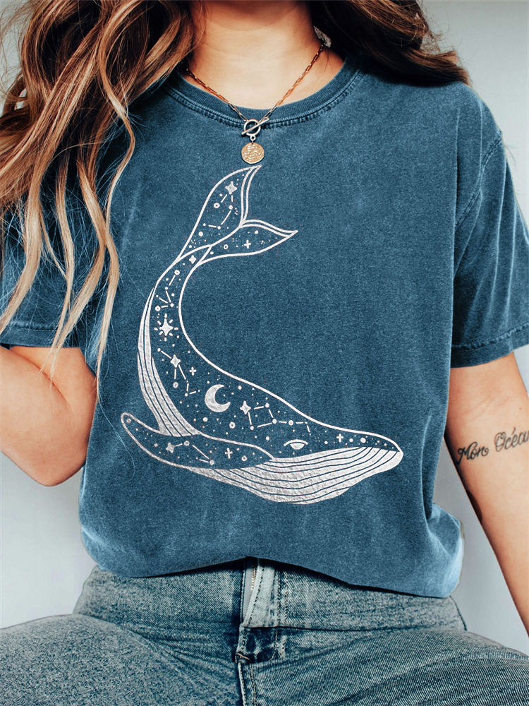 Celestial Whale Graphic Vintage Washed T Shirt-Datalatt