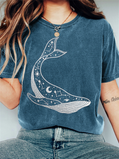Celestial Whale Graphic Vintage Washed T Shirt-Datalatt