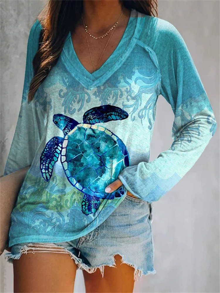 Women's Casual Turtle Print Long Sleeve T-Shirt-Datalatt