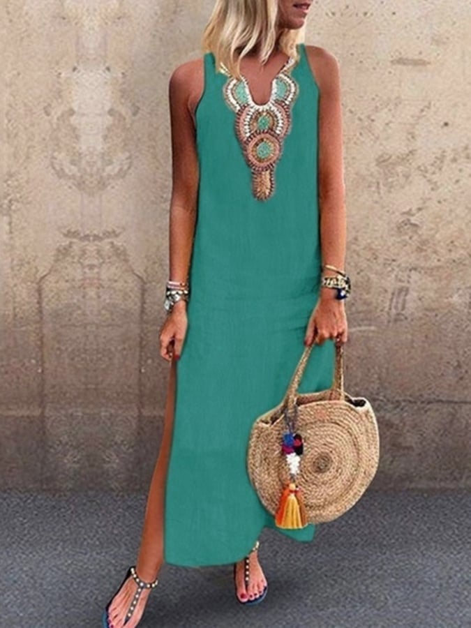 Ladies Cotton Linen V-Neck Sleeveless Dress-Datalatt