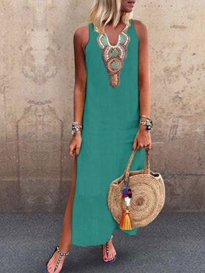 Ladies Cotton Linen V-Neck Sleeveless Dress-Datalatt