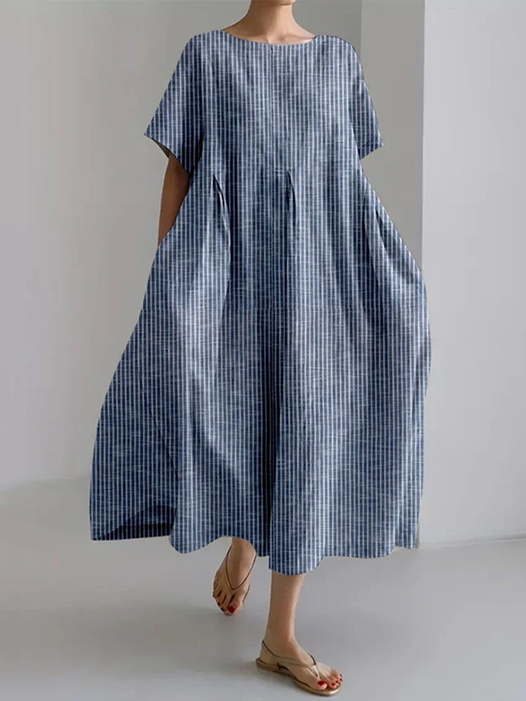 Vintage Stripe Design Loose Round Neck Maxi Dress-Datalatt