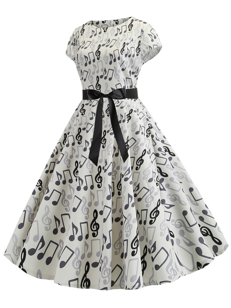 Elegant Music Notes Pleateed Wide Skirt Midi Dress-Datalatt