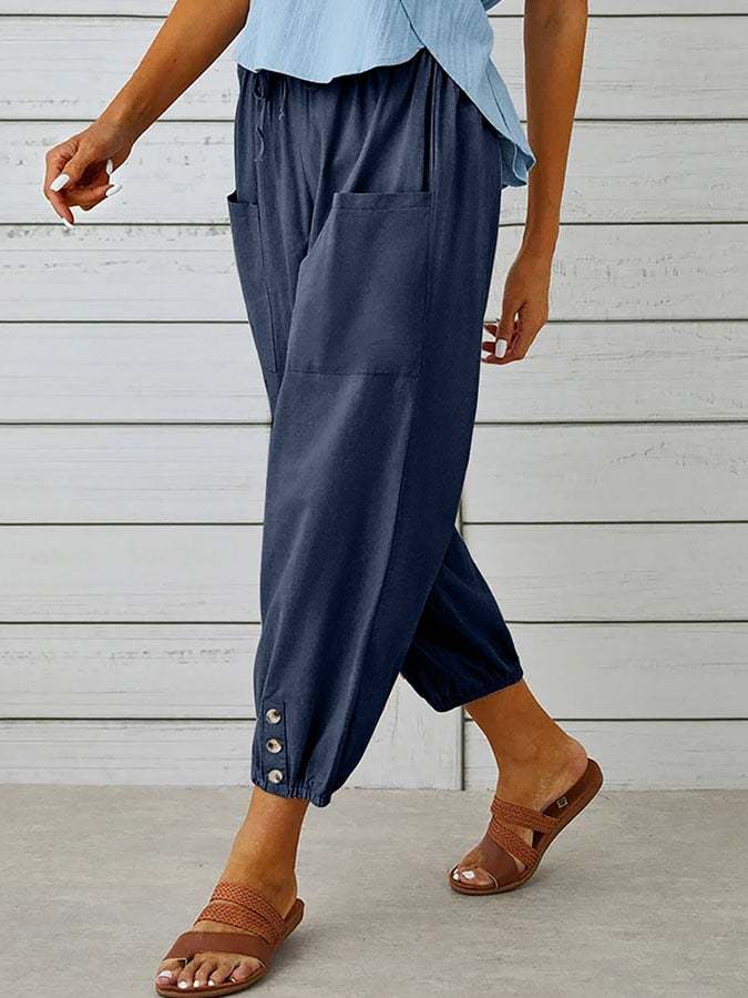 Solid Color Casual With Pocket Buttons Cotton Linen Trousers-Datalatt