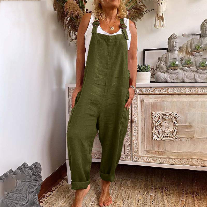 Vintage Cotton Linen Pocket Comfy Jumpsuit-Datalatt