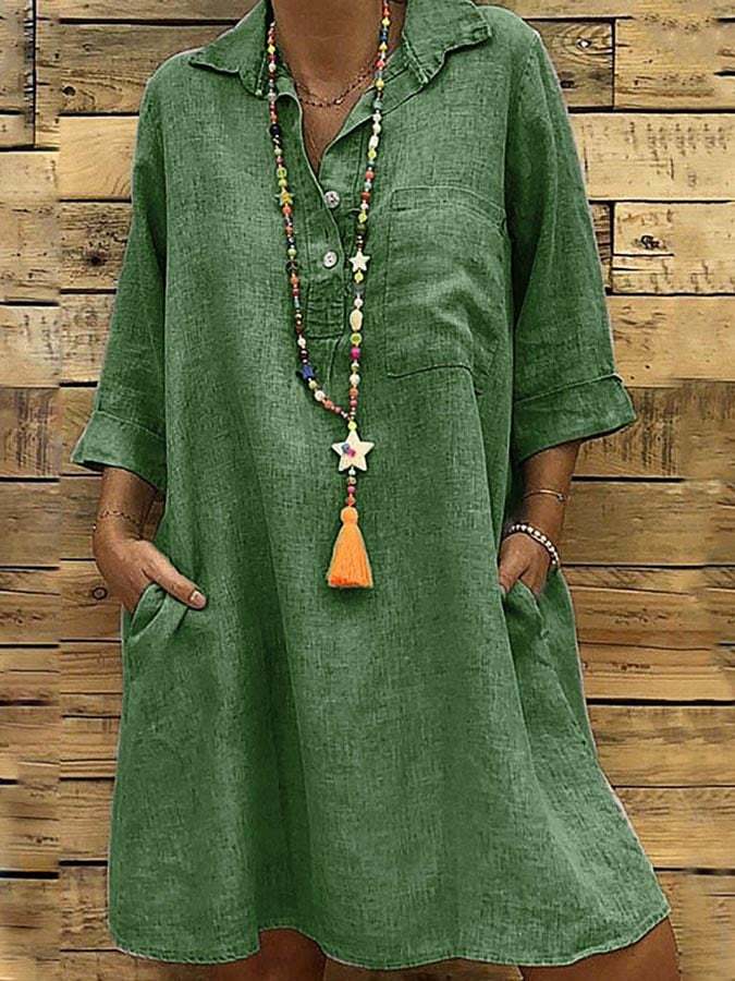 Ladies Plus Size 3/4 Sleeve Shirt Collar Casual Midi Dress
