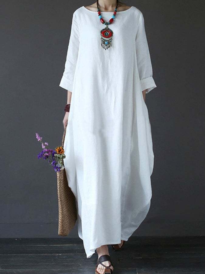 Women's Cotton Linen Solid Colour Loose Plus Size Midi Dress