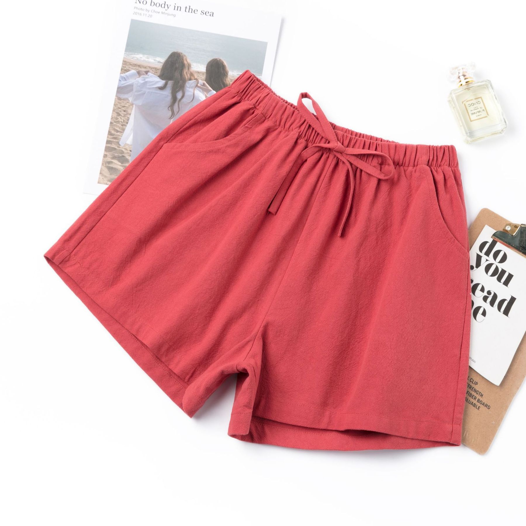 Women's Elastic Waist Pocket Linen Casual Short Pants-Datalatt