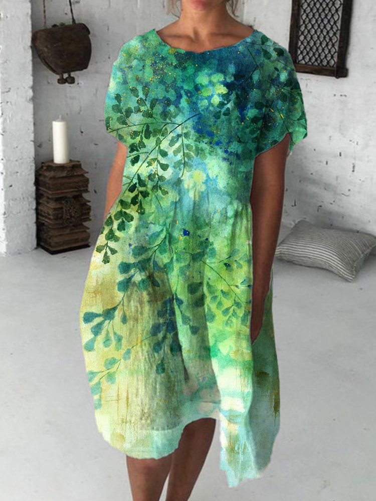Leaves Gradient Watercolor Art Midi Dress-Datalatt