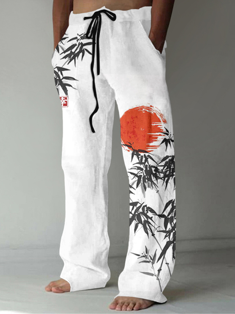 Japanese Bamboo Forest And Red Sun Art Linen Blend Casual Pants-Datalatt