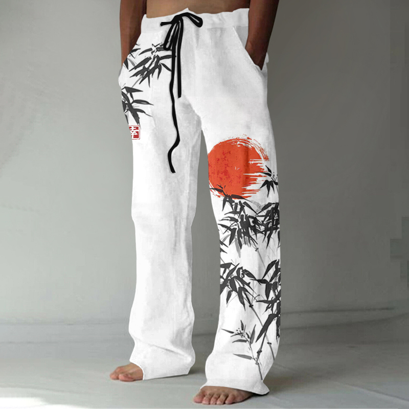 Japanese Bamboo Forest And Red Sun Art Linen Blend Casual Pants-Datalatt