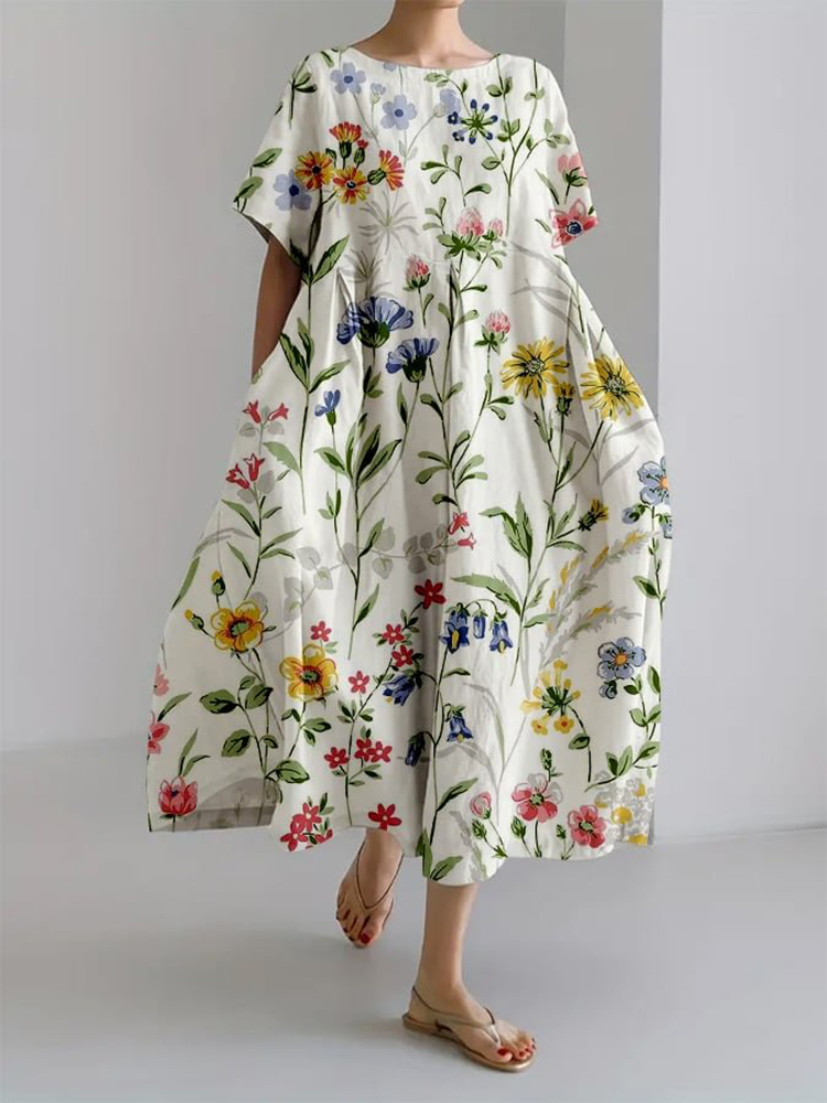 Floral Print Round Neck Short Sleeve Midi Dress-Datalatt