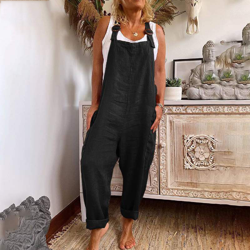 Vintage Cotton Linen Pocket Comfy Jumpsuit-Datalatt