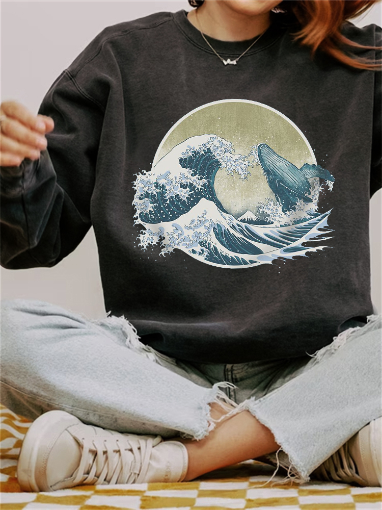 Whale Breach Japanese Art Vintage Washed Sweatshirt-Datalatt