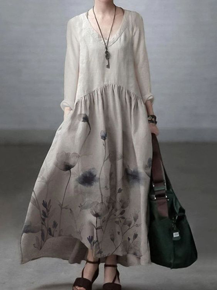 Japanese Art Floral Printed Long Sleeve V-neck Midi Dress-Datalatt
