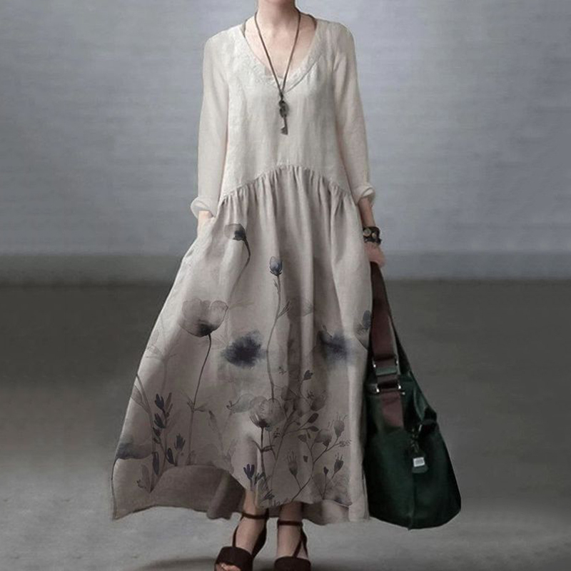Japanese Art Floral Printed Long Sleeve V-neck Midi Dress-Datalatt