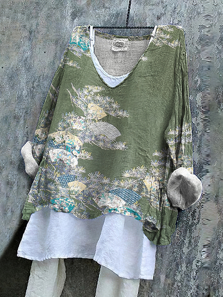 Vintage Japanese Art Flower Print V-Neck Loose Blouse-Datalatt