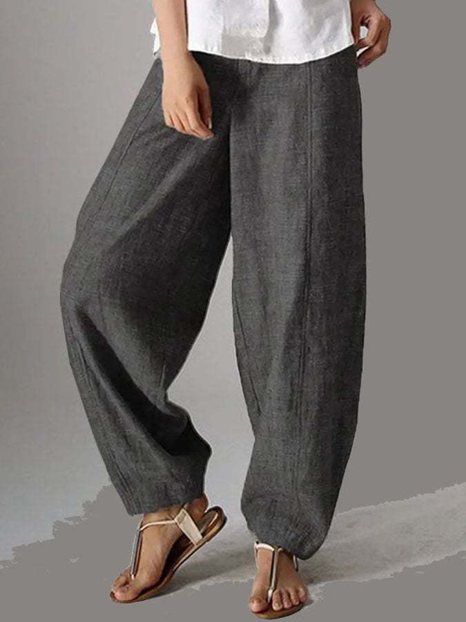 Womens Casual Loose Elastic Waist Cotton Trouser Pants-Datalatt