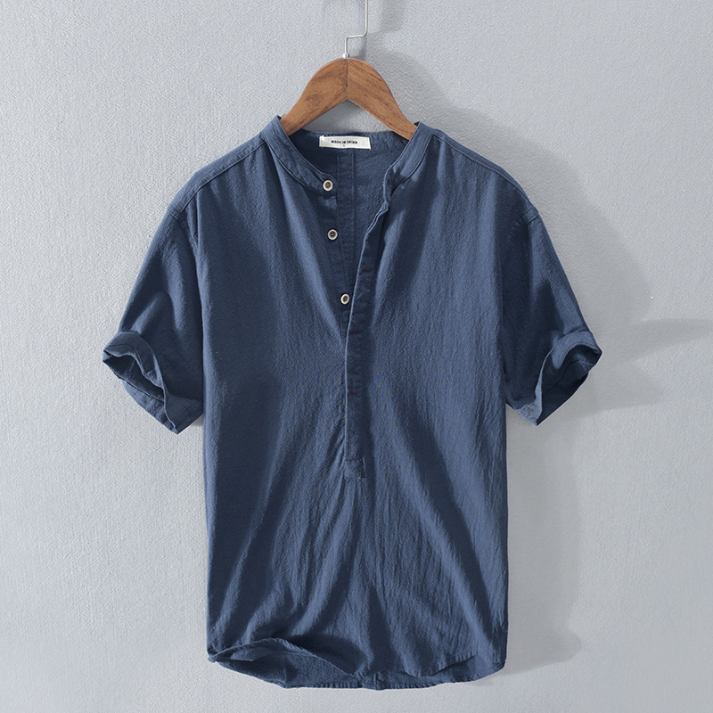 Men's Vintage Button Down Casual V Neck Linen Blend Shirt-Datalatt