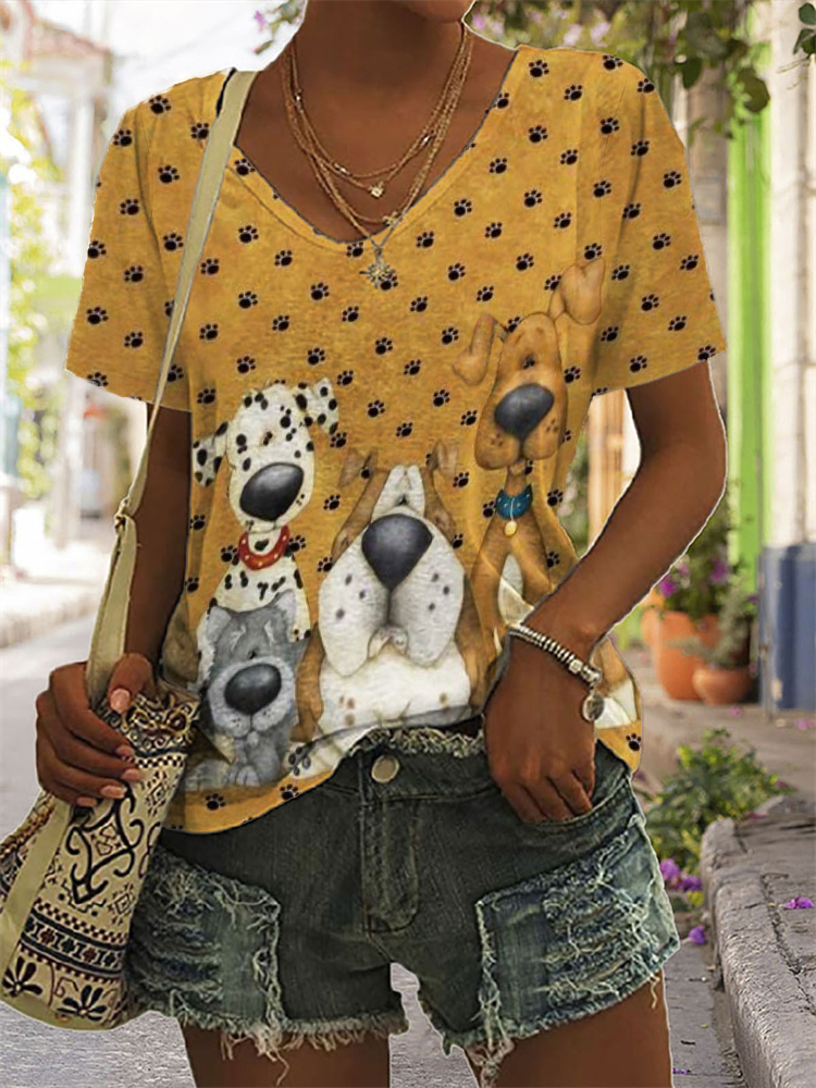 Dog Lover Dogs & Paw Prints V Neck T Shirt-Datalatt