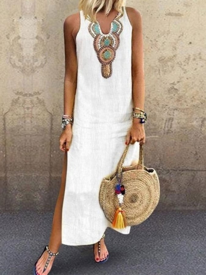 Ladies Cotton Linen V-Neck Sleeveless Dress-Datalatt
