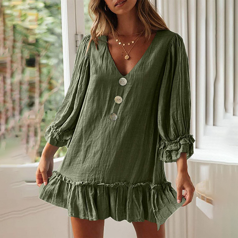 Vintage Plain V Neck Button Ruffle Long Sleeve Mini Dress-Datalatt
