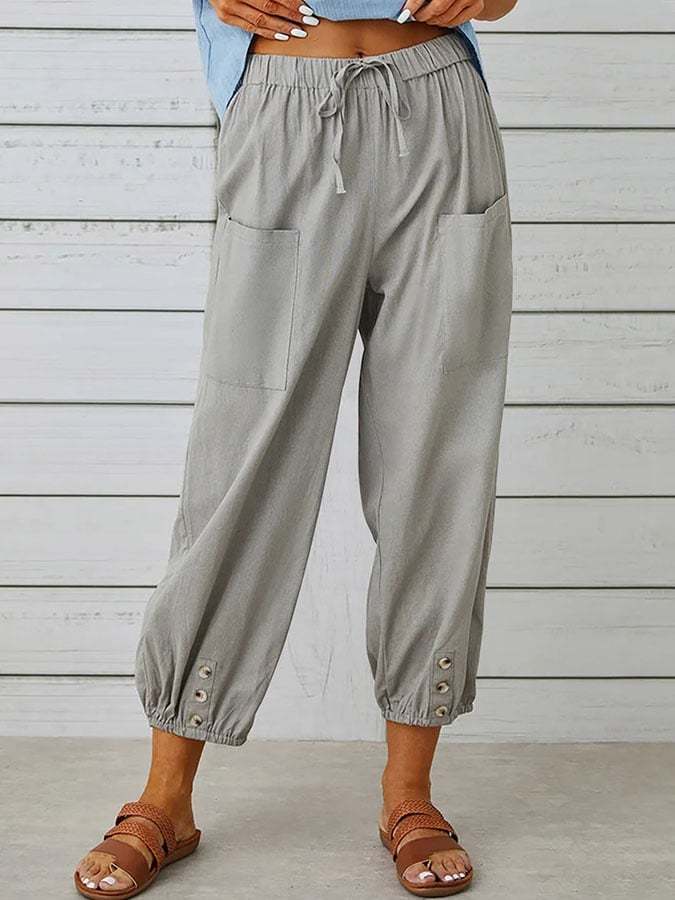 Solid Color Casual With Pocket Buttons Cotton Linen Trousers-Datalatt