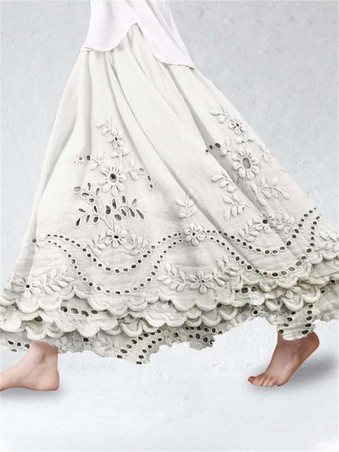 Women'S Farmhouse Floral Linen-Blend Flowy Skirt-Datalatt