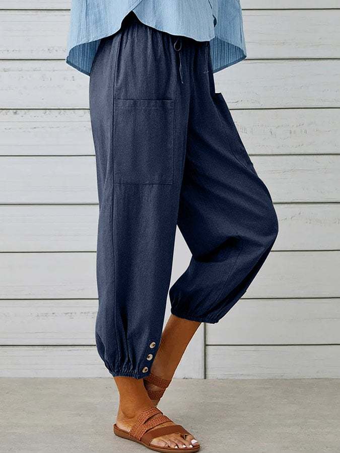 Solid Color Casual With Pocket Buttons Cotton Linen Trousers-Datalatt