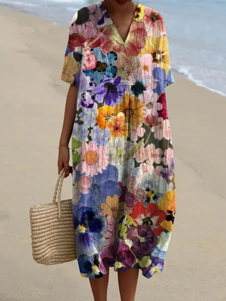 Women's Floral Print V-Neck Dress-Datalatt