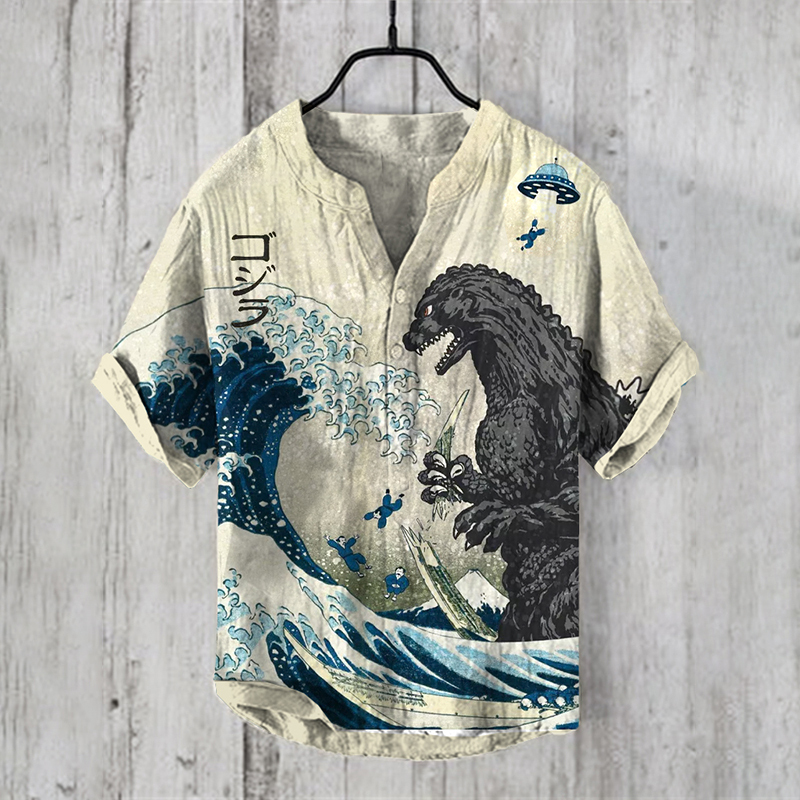 The Great Waves And Godzilla Japanese Art Print Henry Collar Shirt-Datalatt