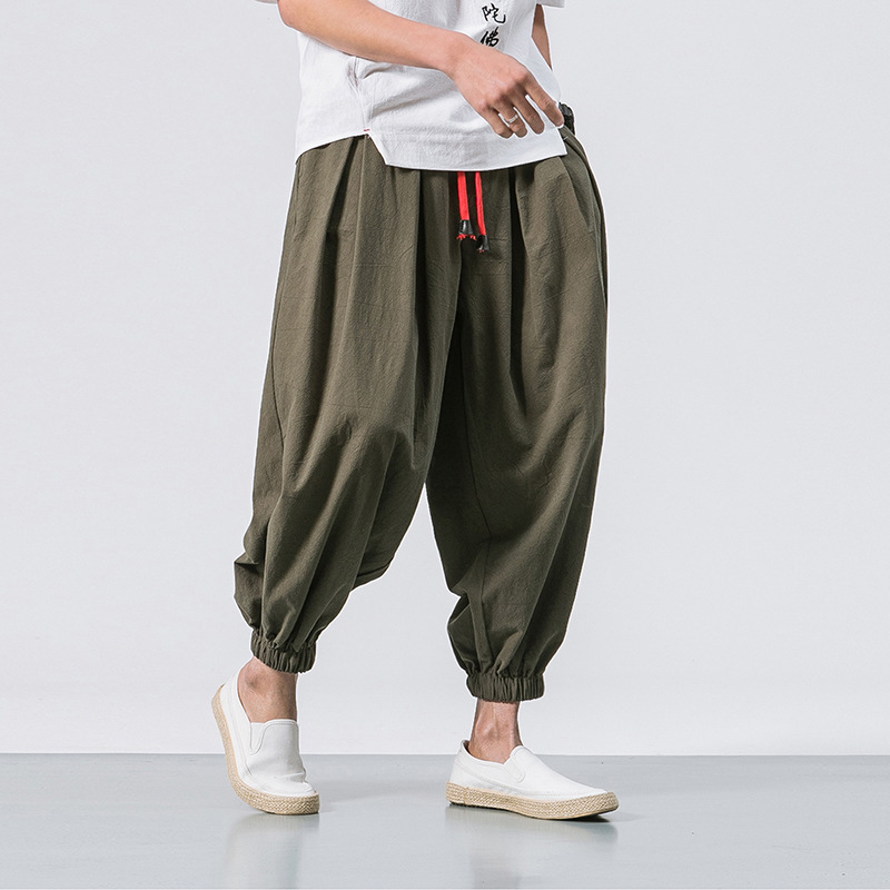 Men's Vintage Elastic Waist Drawstring Casual Loose Cotton Linen Pants-Datalatt