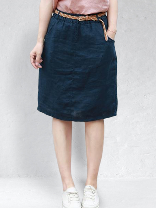 Linen Elastic Waist Skirt-Datalatt