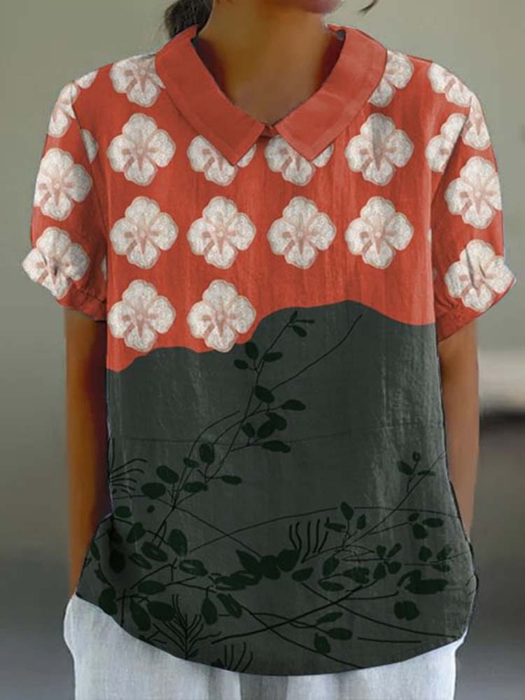 Japanese Art Flower Print Lapel Casual Blouse-Datalatt