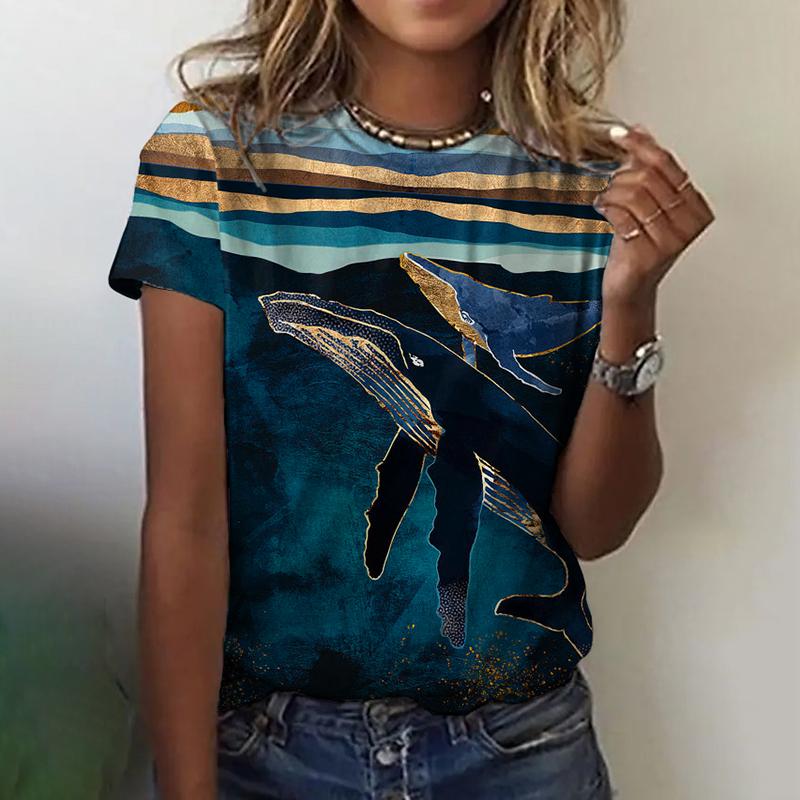 Oil Painting Whale Print Short Sleeve T-Shirt-Datalatt