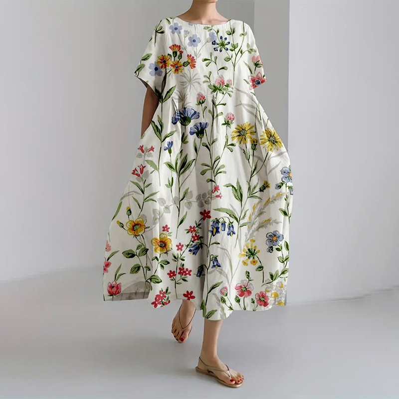 Floral Print Round Neck Short Sleeve Midi Dress-Datalatt