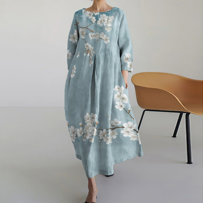 Women's Loose Blossom Printed Cotton Linen Crew Neck Maxi Dress-Datalatt