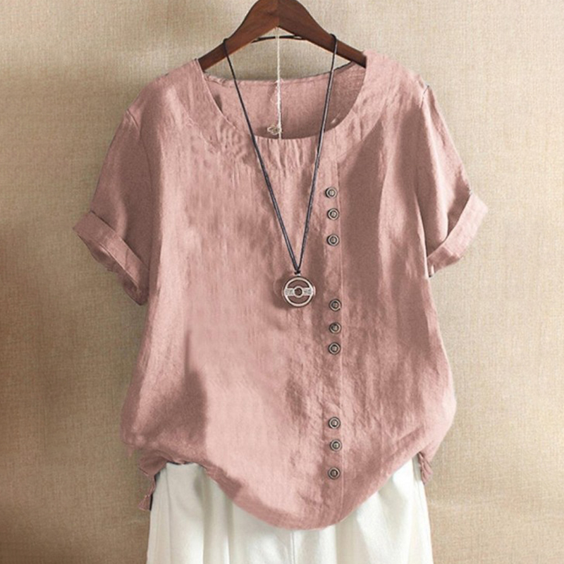 Round Neck Solid Color Buttons Short Sleeves T-shirt-Datalatt