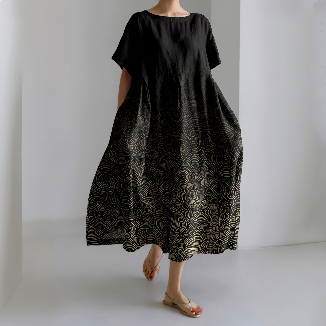 Vintage Waves Print Short Sleeve Linen Blend Maxi Dress-Datalatt