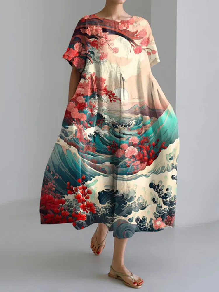 Wave Floral Japanese Art Loose Short Sleeved Midi Dress-Datalatt