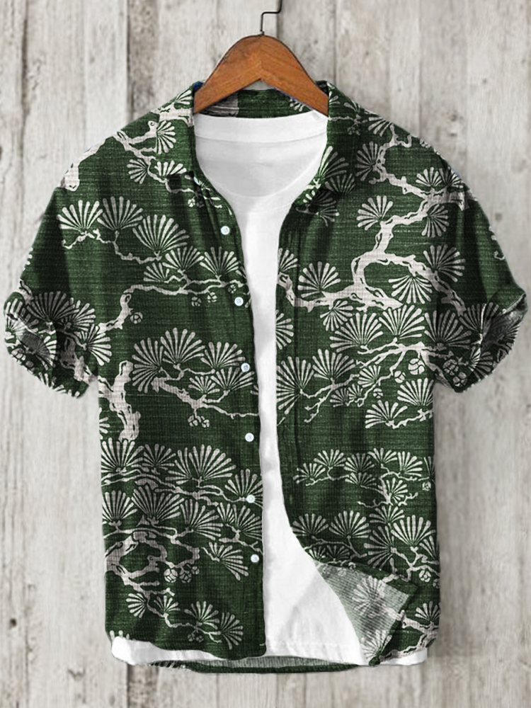Pine Trees Japanese Lino Art Pattern Linen Blend Shirt-Datalatt