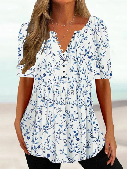 Floral Print V Neck Button Loose Blouse-Datalatt