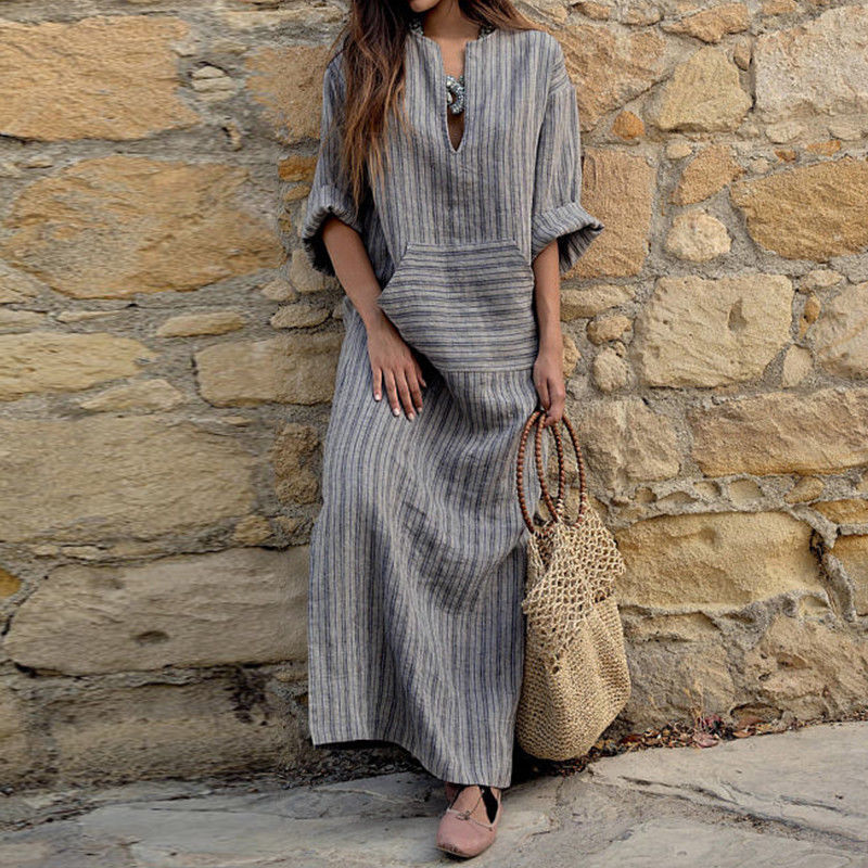 Vintage Stripes V Neck Casual Maxi Dress-Datalatt