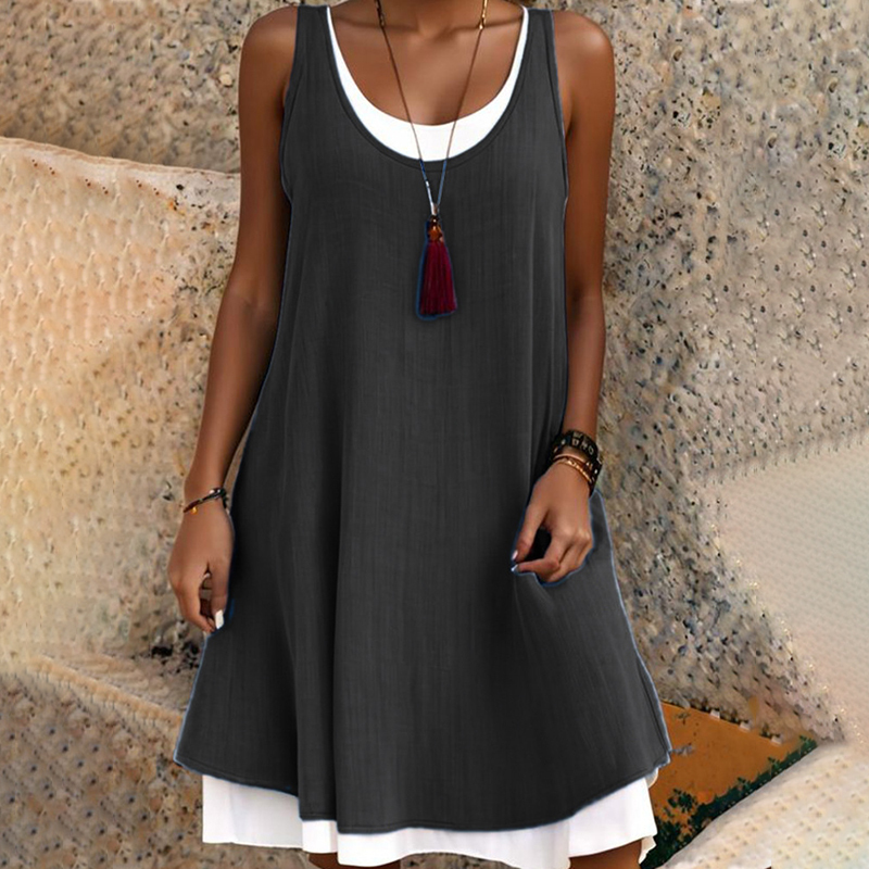 Casual Sleeveless Fake Two Piece Midi Dress-Datalatt