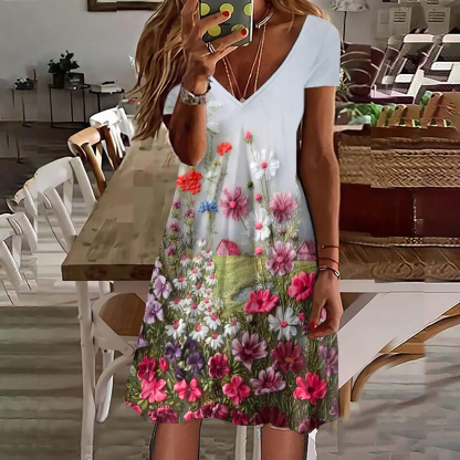 Floral Print V-Neck Short Sleeved Midi Dress-Datalatt