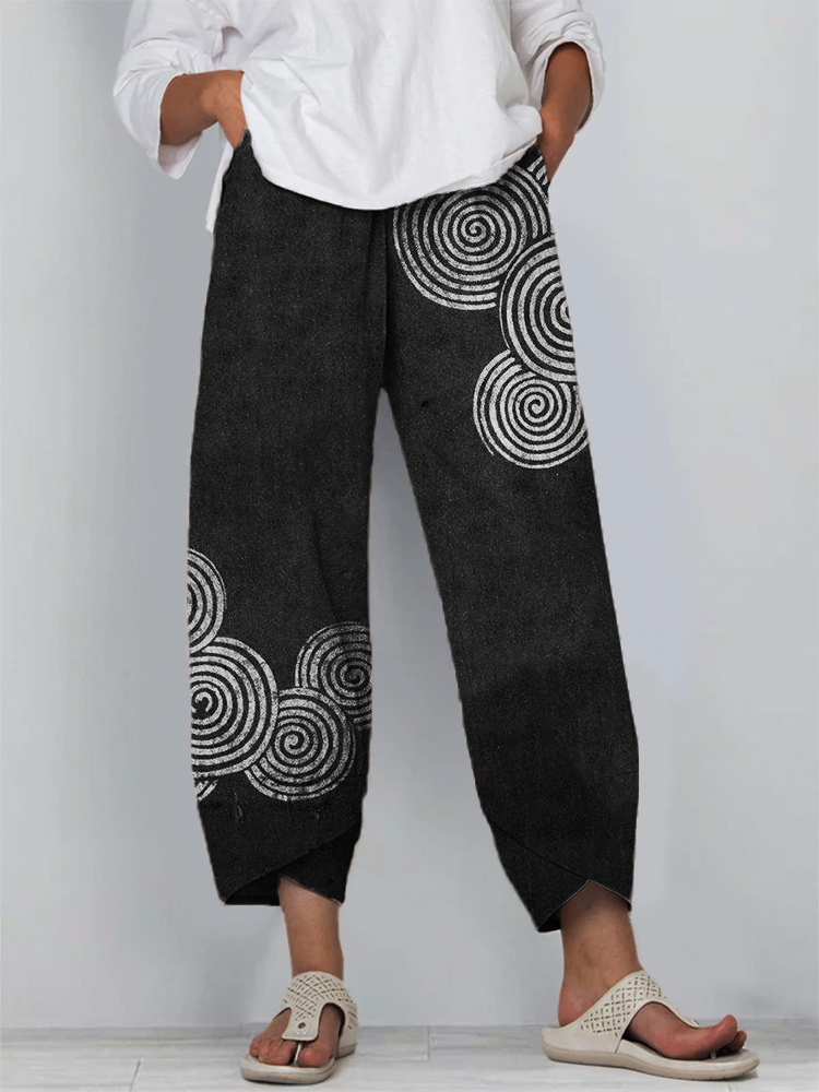 Sea Waves Ripples Japanese Lino Art Linen Blend Cropped Pants-Datalatt