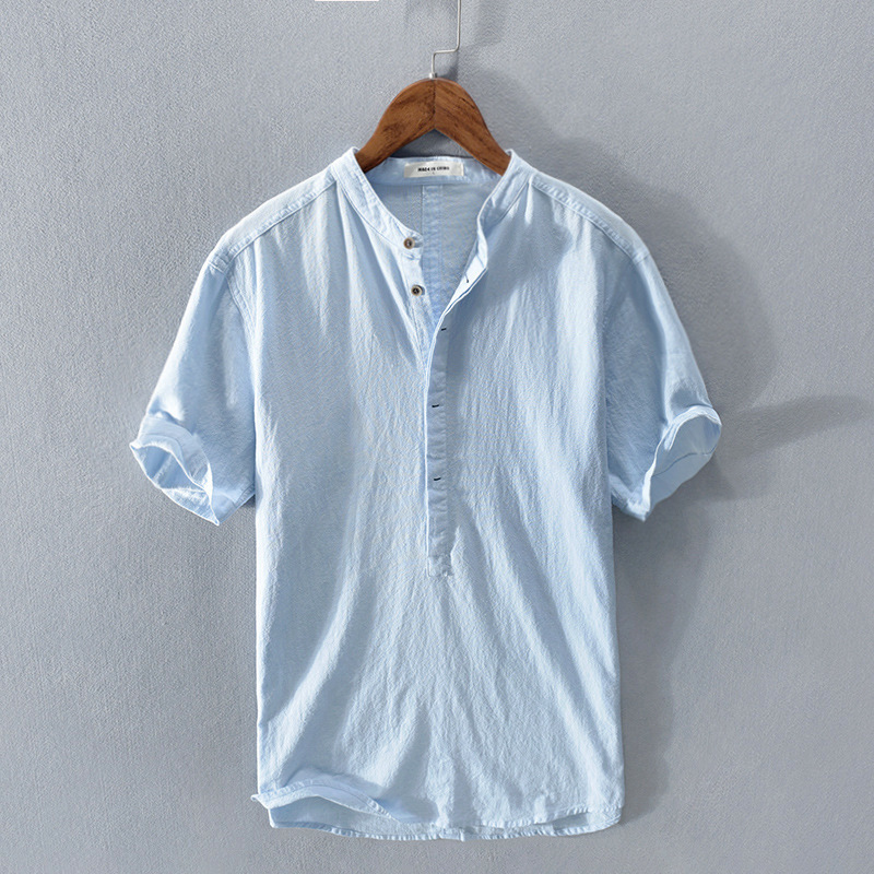 Men's Vintage Button Down Casual V Neck Linen Blend Shirt-Datalatt