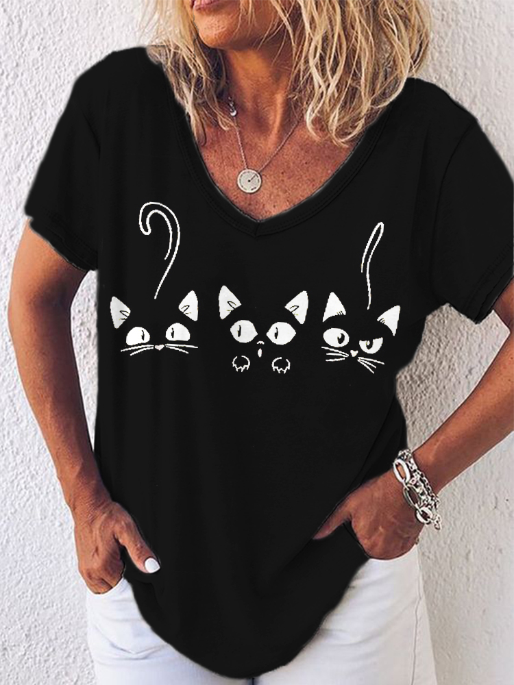 Lovely Cats Print Short Sleeve Casual T-Shirt-Datalatt