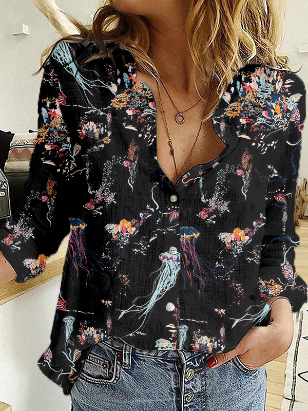 Deep Sea Jellyfish Art Graphic Casual Blouse-Datalatt