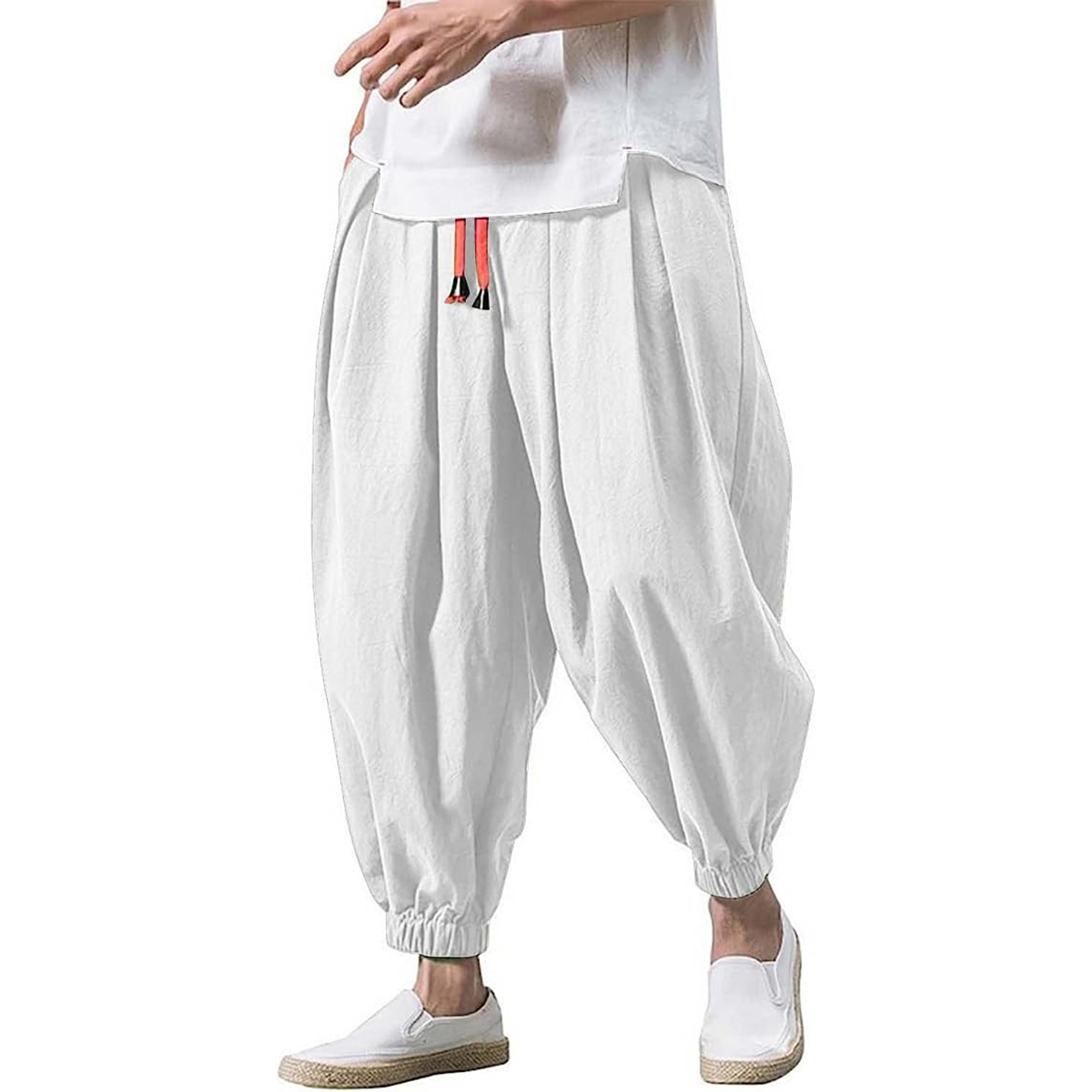 Men's Vintage Elastic Waist Drawstring Casual Loose Cotton Linen Pants-Datalatt
